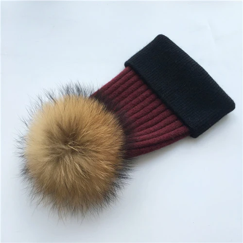 Wine red-black N Зимняя шапка, модная шапка с натуральным мехом, женские шапки с помпоном, кашемировый шерстяной вязаный берет, меховая шапка с помпоном, шапка с большим мехом енота - Цвет: Wine red-black N