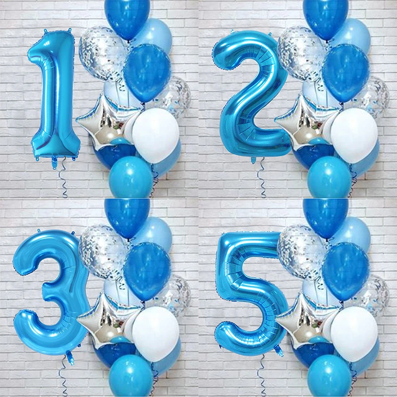 Globos de l&aacute;tex de aluminio con n&uacute;mero azul para ni&ntilde;os, decoraci&oacute;n para fiesta de cumplea&ntilde;os, primer a&ntilde;o, decoraci&oacute;n para Baby Shower, 12 unids/set por Set-0