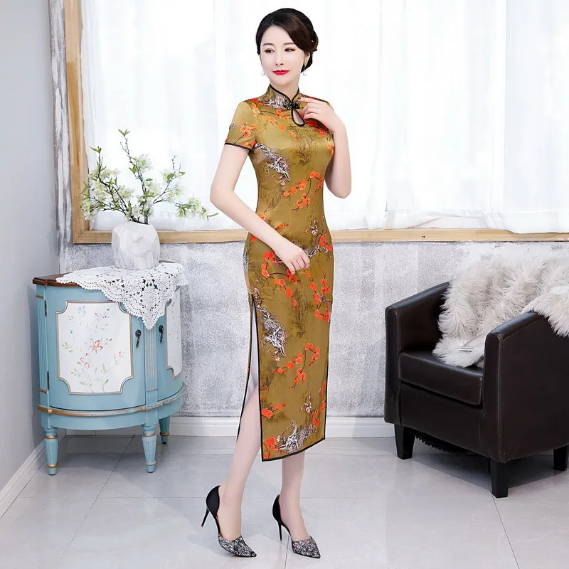 Весна лето 2020 Новое шелковое платье с круглым воротником и коротким рукавом из