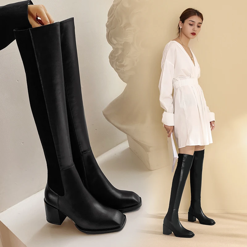 

2020 Autumn winter square head warm leather boots all match fashion black thin leg high boots skinny stretch boots X518