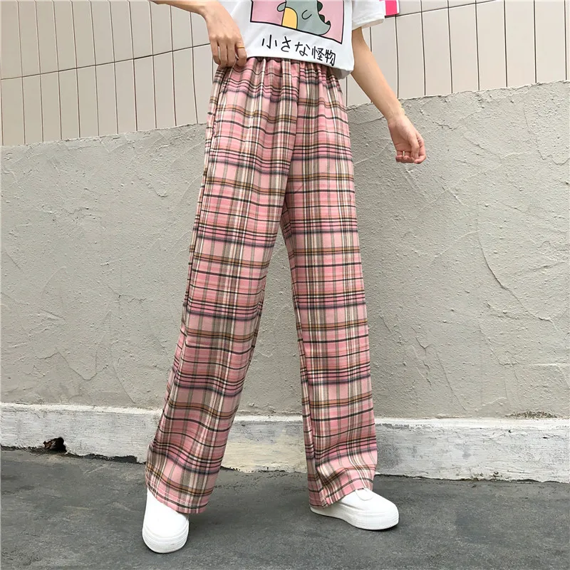 

Wide Leg Pants Women Fashion Plaid Loose High Waist Trousers Femal Sweatpant Pockets Summer Retro Streetwear