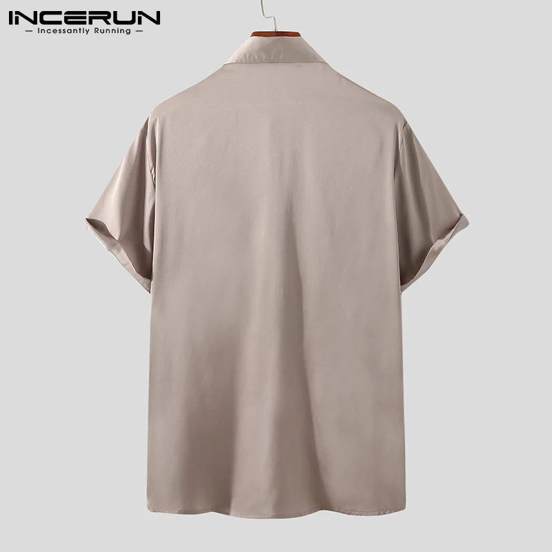 INCERUN 2022 Fashion Men Shirt Solid Color Lapel Short Sleeve Gloss Streetwear Party Casual Men Clothing Summer Leisure Camisas