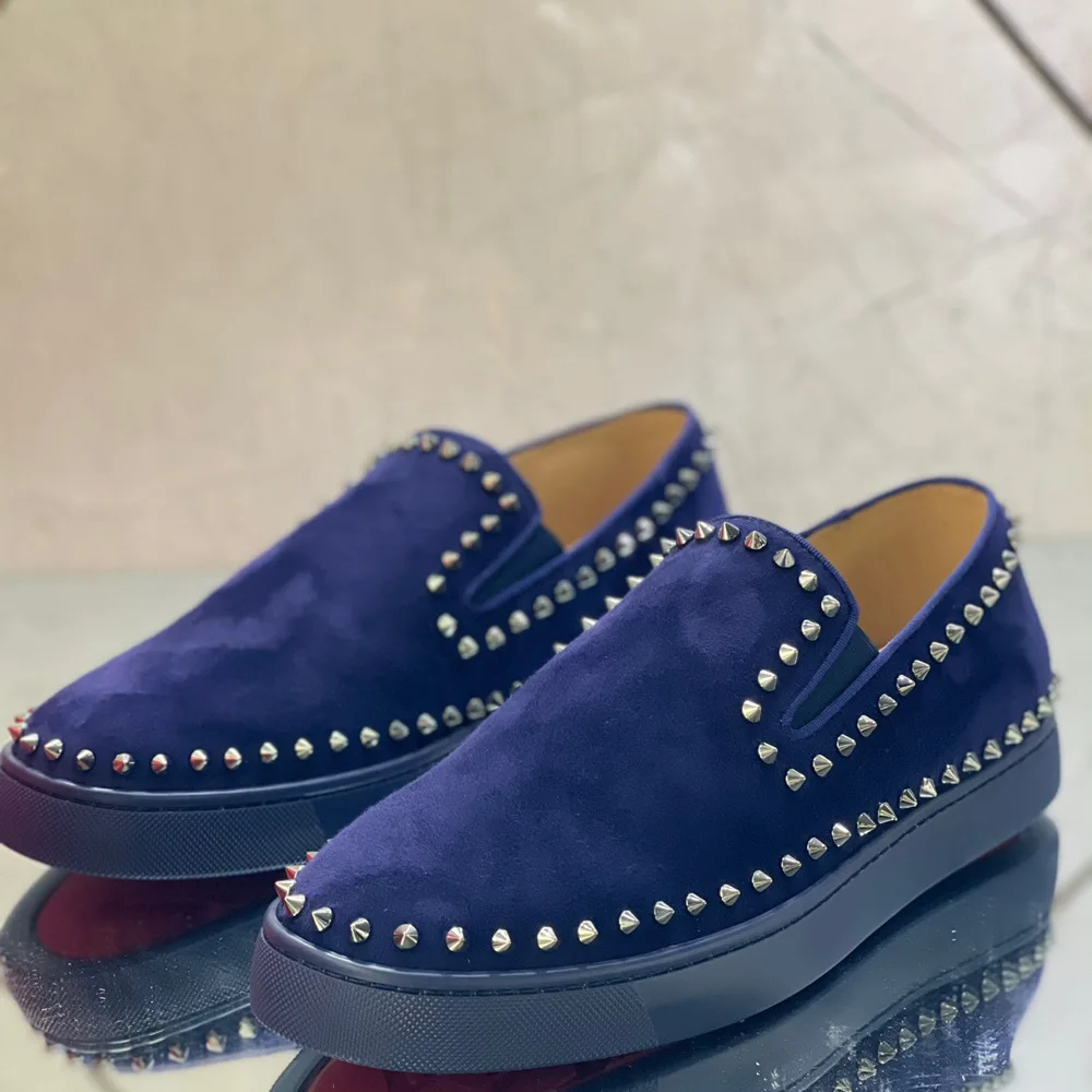 

Low Cut Red Bottom Solid Dark Blue Suede Genuine Leather Shoes For Men Spikes Casual Flats Loafers Circle Silver Rivets Sneakers