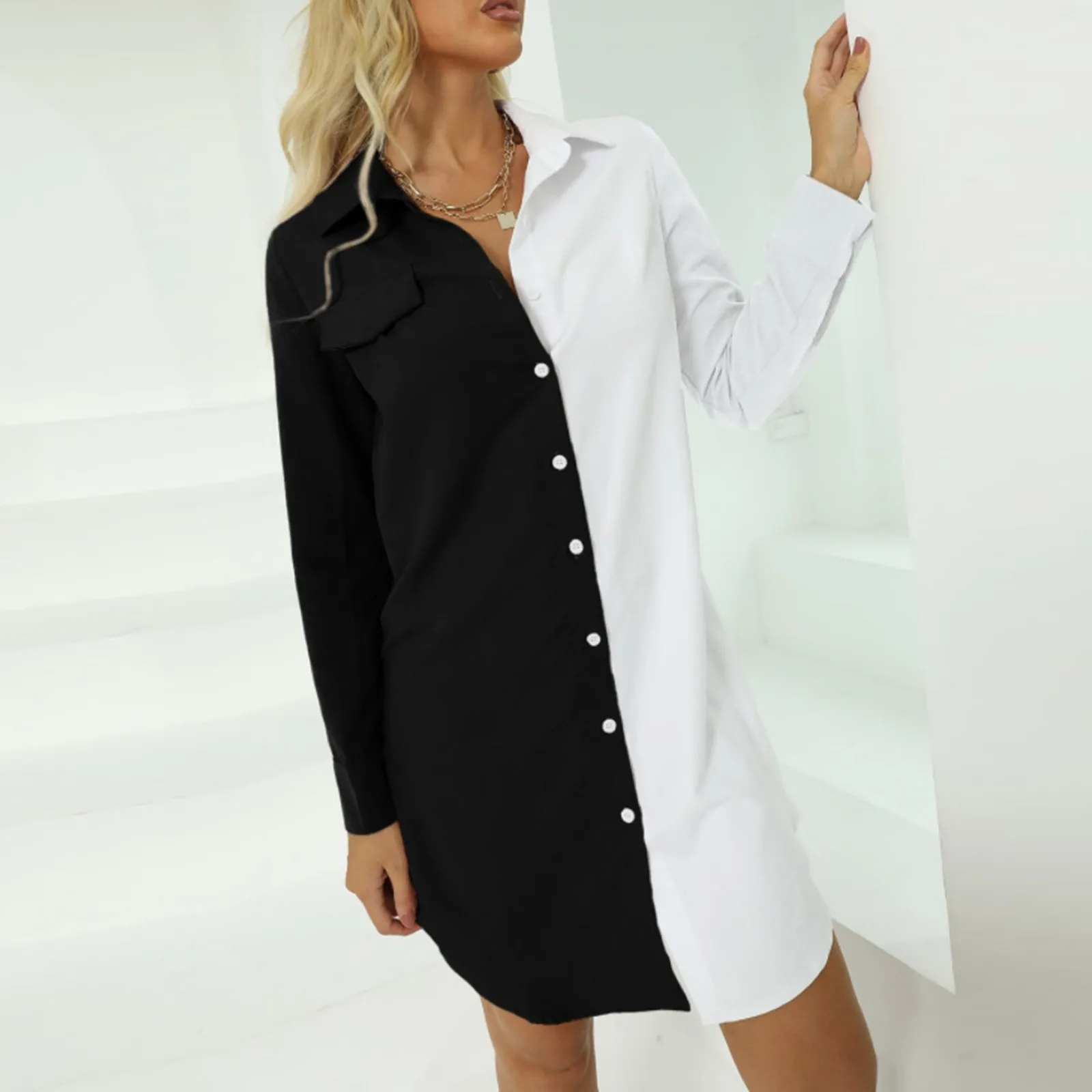 

Женская Повседневная Блузка с длинным рукавом, длинная рубашка в стиле Харадзюку с разноцветным блокированным принтом и карманами в Корейс...