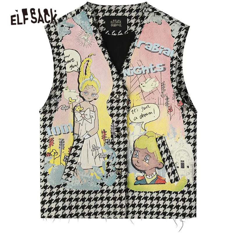 

ELFSACK Harajuku Houndstooth Cartoon Jacquard Knit Women Casual Waistcoat ,2021Spring Vintage V Neck Sleeveless Ladies Daily Top