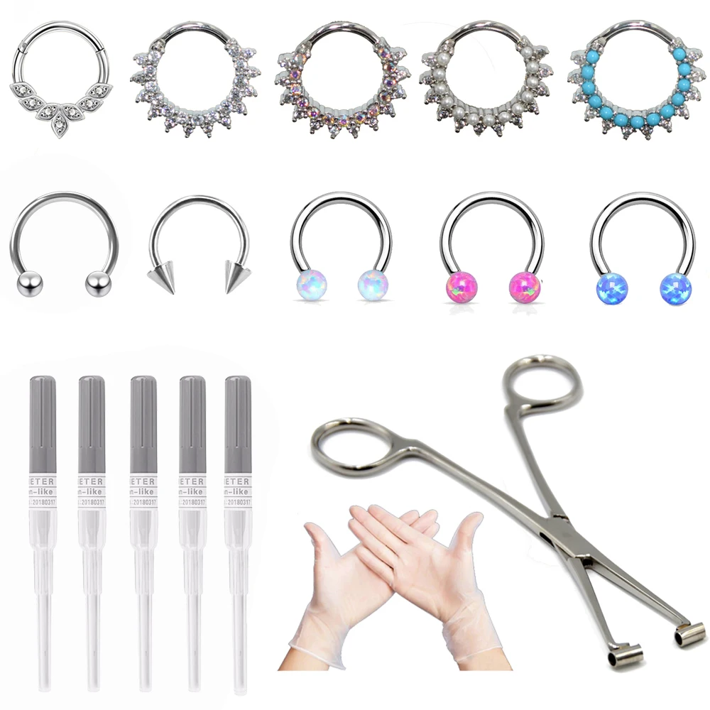 

Steel Seprum clicker Piercing Clamps Horseshoe Barbell Piercing Needle Nose Ring Piercing Tool Kit Crystal Daith earrings16g