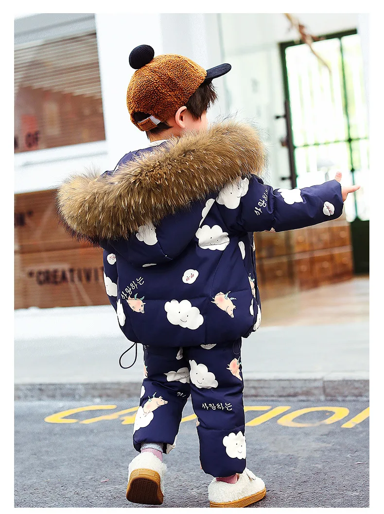 Winter children's down suit Girls pink snow suit Boy ski down suit Baby windproof down jacket+ thick Keep warm down pants