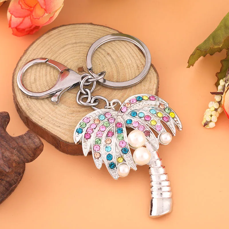 

New Zircon Coconut Tree Style Keychain Fashion Versatile Jewelry Cute Shiny Metal Keychain Accessories Fine Ladies Bag Pendant