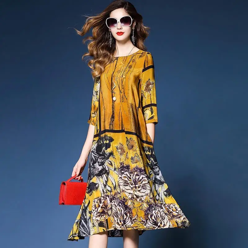 

2021 Spring Autumn Women Chinese Style Vintage Silk Dress Printing O-neck 3/4 Sleeve Knee-length A-line Dresses Vestidos Y26