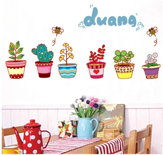 

For Bedroom and living room Reusable Cute Potted Wall Stickers Creative Rustic Style Elegant Room Decoration Decor Stickers