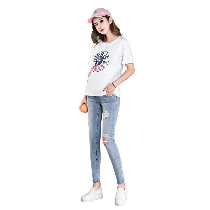 

860# Stretch Denim Maternity Skinny Jeans Spring Summer 9/10 Length Pencil Pants for Pregnant Women Hole Pregnancy Casual Belly