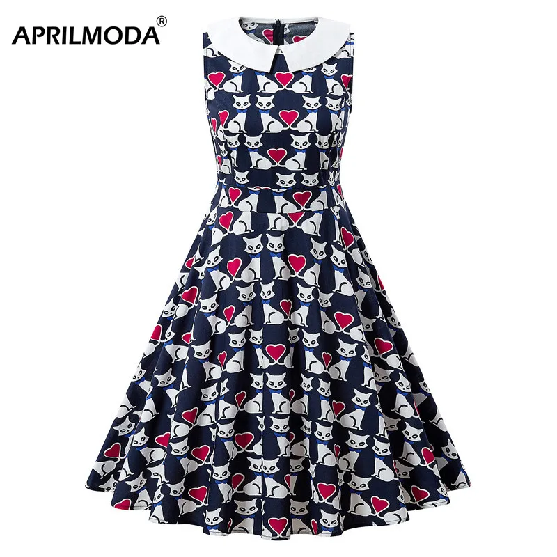 Женское винтажное летнее платье с принтом кота и животных 50 s Ретро стиль качели