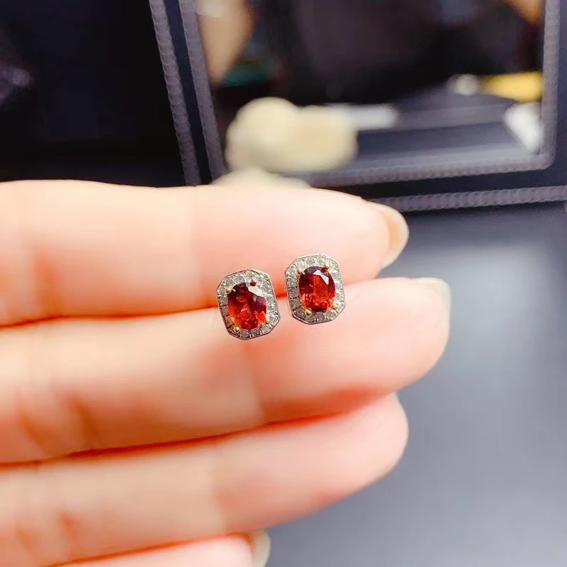 

exquisite red garnet stud earrings for women girl silver ornament oval natural gem real 925 sterling silver birthday party gift