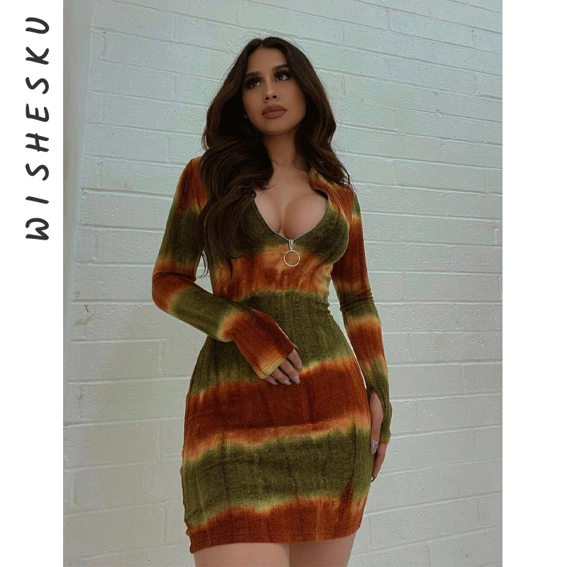

Women Printed Long Sleeve Bodycon Dress Sexy Color Blocking Zip Mini Dresses 2021 Autumn Fall Party Club Elegant Fairy Core Robe