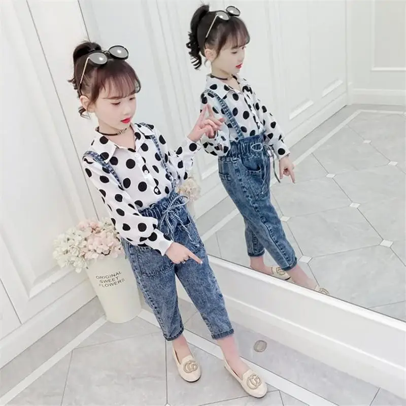 

2020 Girl Spring Autumn Fashion Children's Clothing Sets Polka Dot Tops Shirt+Denim Bib Pants 2pcs Suit Kids Girls Clothes K239