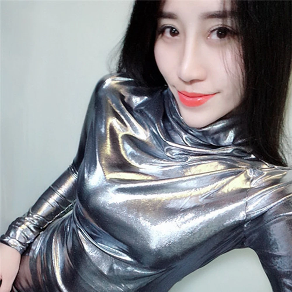 Блестящая Женская водолазка топ Осенние яркие облегающие Топы с длинным рукавом