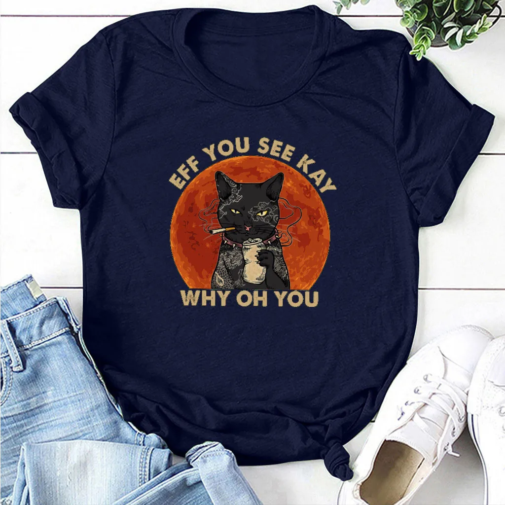 Женские модные повседневные футболки с принтом черного кота и буквами удобные