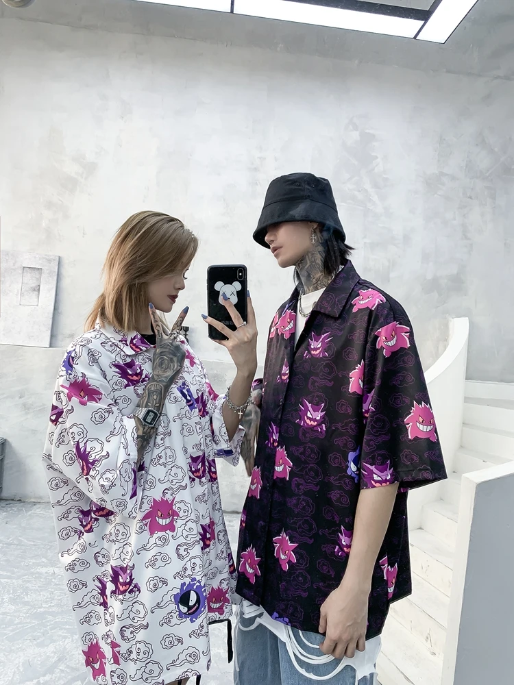 

Turn-Down Collar Shirts Women Fashion Summer HipHop Monster Print Casual Streetwear Hip Hop Short Sleeve Shirt Unisex