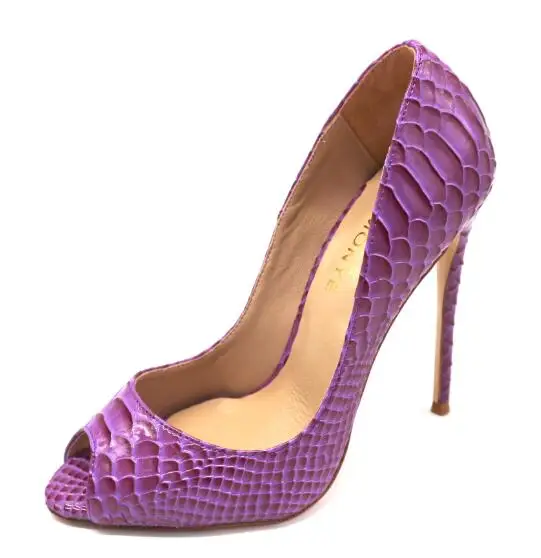 Женские туфли из змеиной кожи Moraima фиолетовые на высоком каблуке с открытым