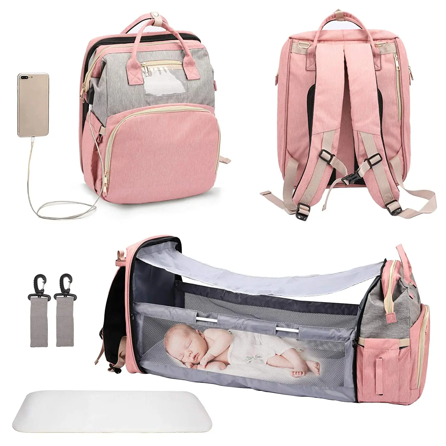

2020 Fashion Portable Folding Crib Diaper Bag Multi-Function Large Capacity Baby Backpack Diaper Bag Baby Stroller Organizer Bag