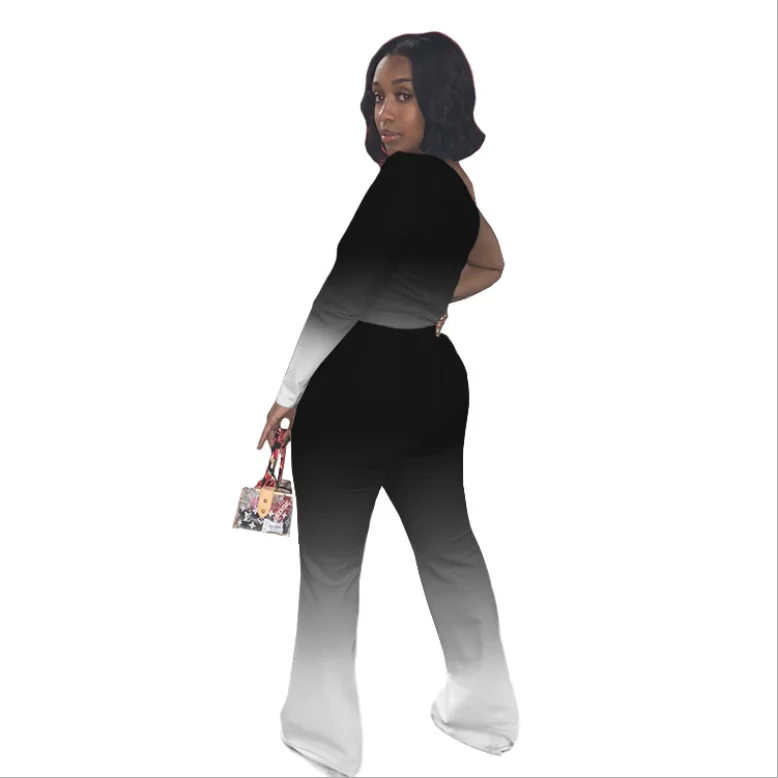 

Fashion Gradient Printing Women Sets Slash Shoulder Long Sleeve Drawstring High Waist Flare Pants Outfits For Nightclub Party