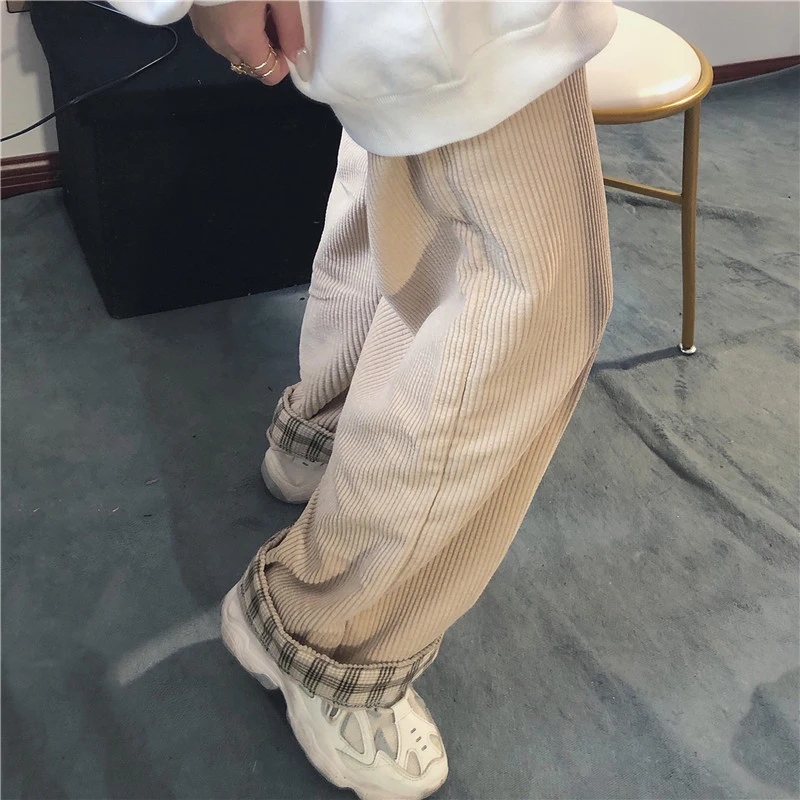 Винтажные женские вельветовые брюки JMPRS обжимные клетчатые широкие с эластичным