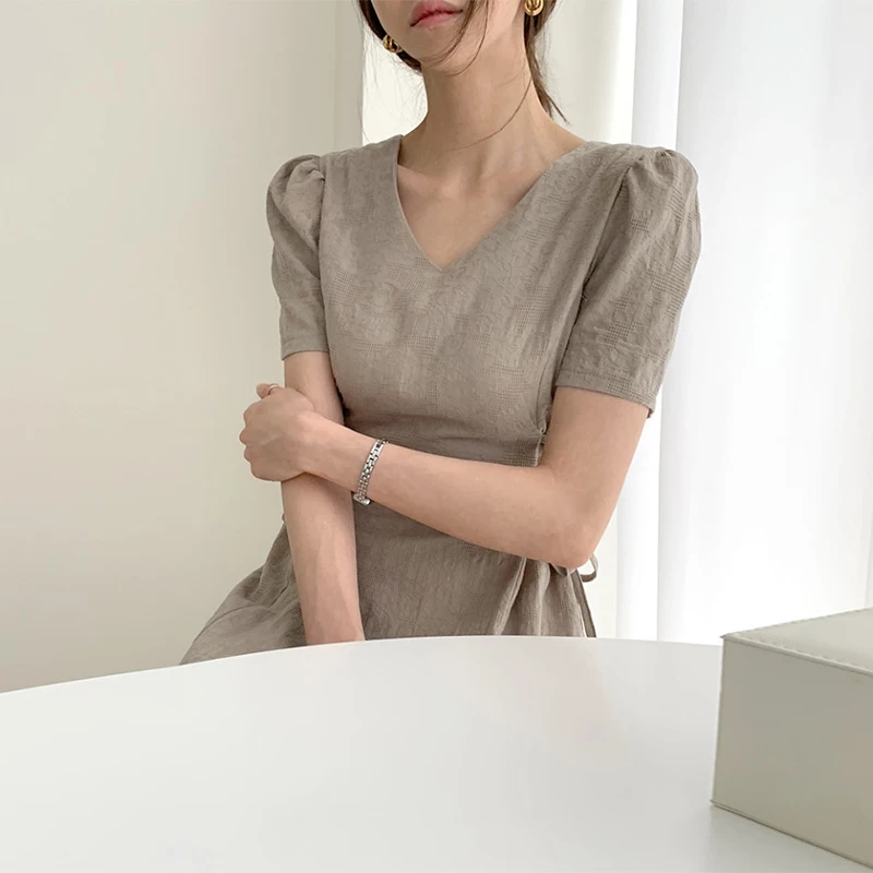

Dresses Women Summer Beige Dress Mid-Calf Elegant Drawstring Clothes V-neck 2021 Fashion Korean Short Sleeve High Waist