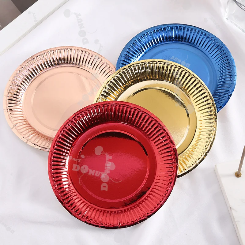 

30pcs Metal Color Paper Party Supplies Disposable Paper Tray Tableware Set Rose Gold Dot Bronzing Plate moana party decoratio