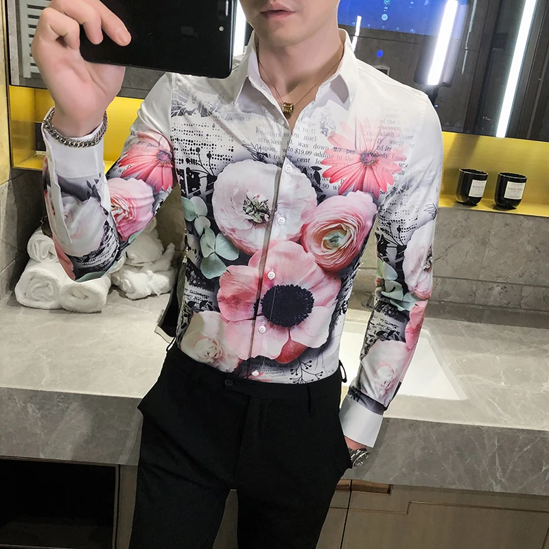 Рубашка мужская с длинным рукавом стильная блуза цветочным принтом в британском