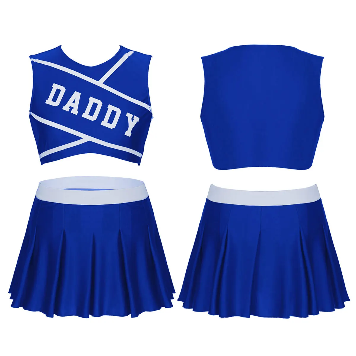 Royal Blue Женский комплект из 2 предметов с принтом папы, форма для чирлидинга, спортивный сценический костюм, круглый вырез, укороченный топ без рукавов с мини-плиссированной юбкой - Цвет: Royal Blue