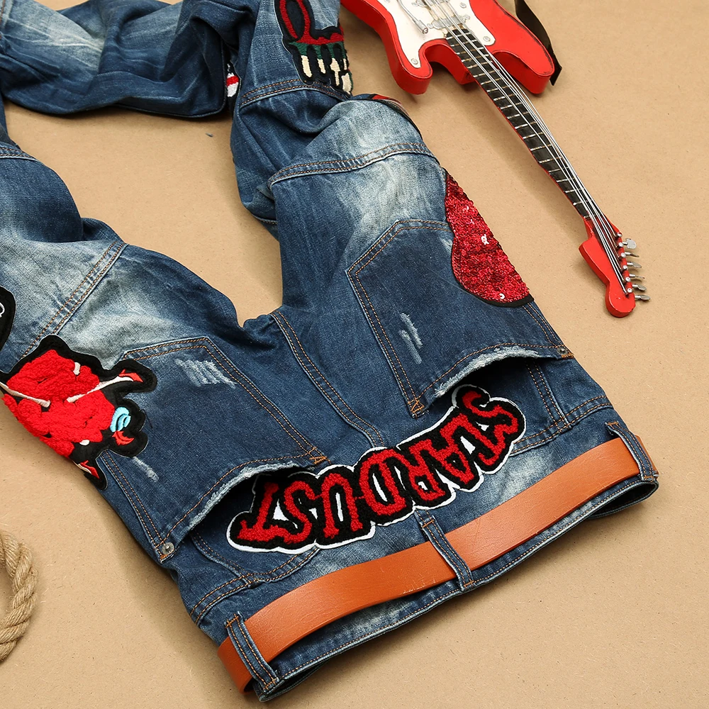 2018 New Men Jeans Runway Slim Racer Biker Fashion Hiphop Skinny For Sequins Lady Bage Embroidery Denim Pants | Мужская одежда