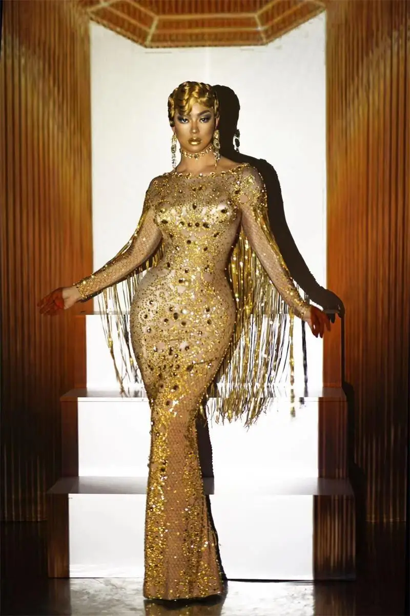 

Sparkly Rhinestones Tassel Maxi Long Dresses For Women 2021 Birthday Party Celebrity Dance Female Singer Performance Costume