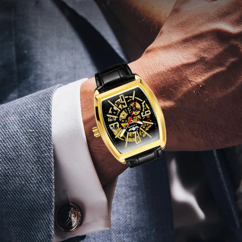 

WINNER Mechanical Automatic Men Watch Genuine Leather Belt Man Watch Top Band Black Business Casual Men's Number Hollow Design