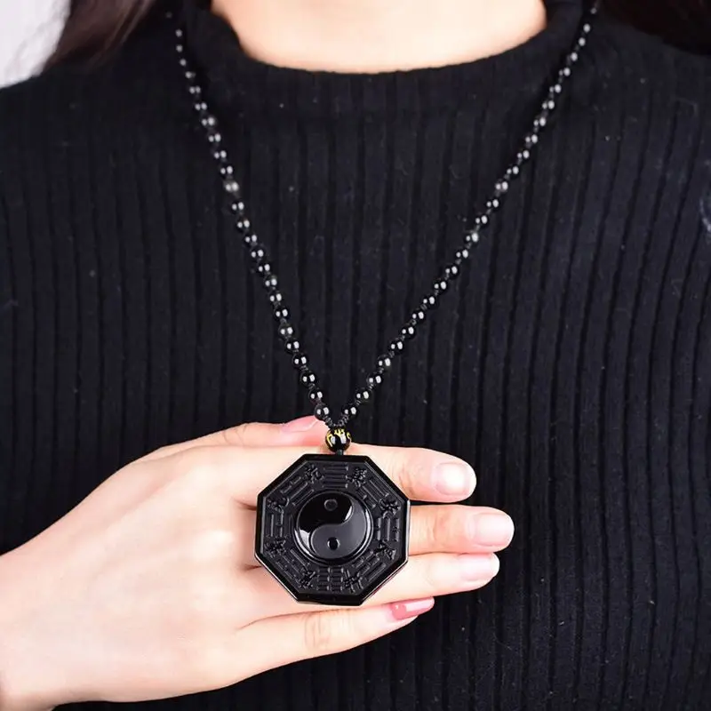 

Black Obsidian Chinese Philosophy Taoist Symbol Taichi Yoga Necklace Eight Diagrams Yin Yang Amulet Pendant Jewelry
