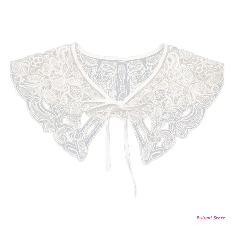 

Женский Вышитый цветочный кружевной бант Поддельный Воротник шаль Dickey ажурное вязаное элегантное белое ожерелье на шнуровке мини