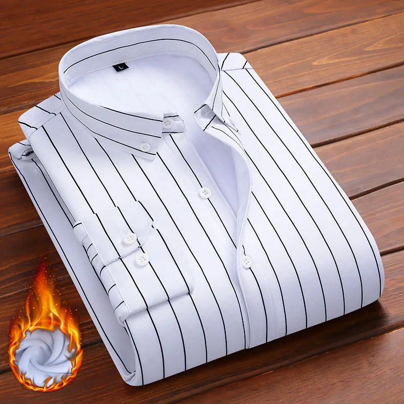 Aoliwen brand men fashion Plush shirt Flannel Wool lining Striped casual shirts Men's winter warm shirt soft not shrinking slim