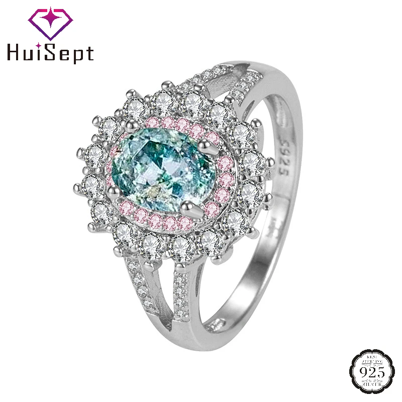 

HuiSept 925 Silver Jewelry Rings Oval Shaped Sapphire Zircon Gemstones Luxury Finger Ring for Women Wedding Promise Accessories