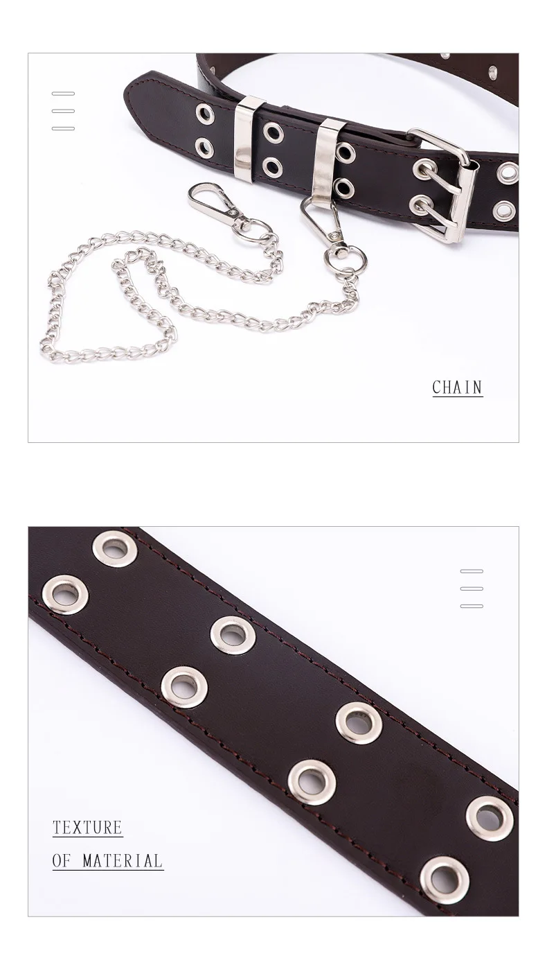 

Fashion Women Punk Chain rock Belt Adjustable Black Double Eyelet Grommet Metal Buckle Leather Waistband For Jeans gifts