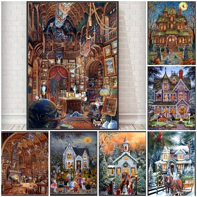 

Diy Full Drills Halloween Castle Scene Diamond Painting Cross Stitch Christmas Scenery Art Mosaic Kit Set For Home Decor