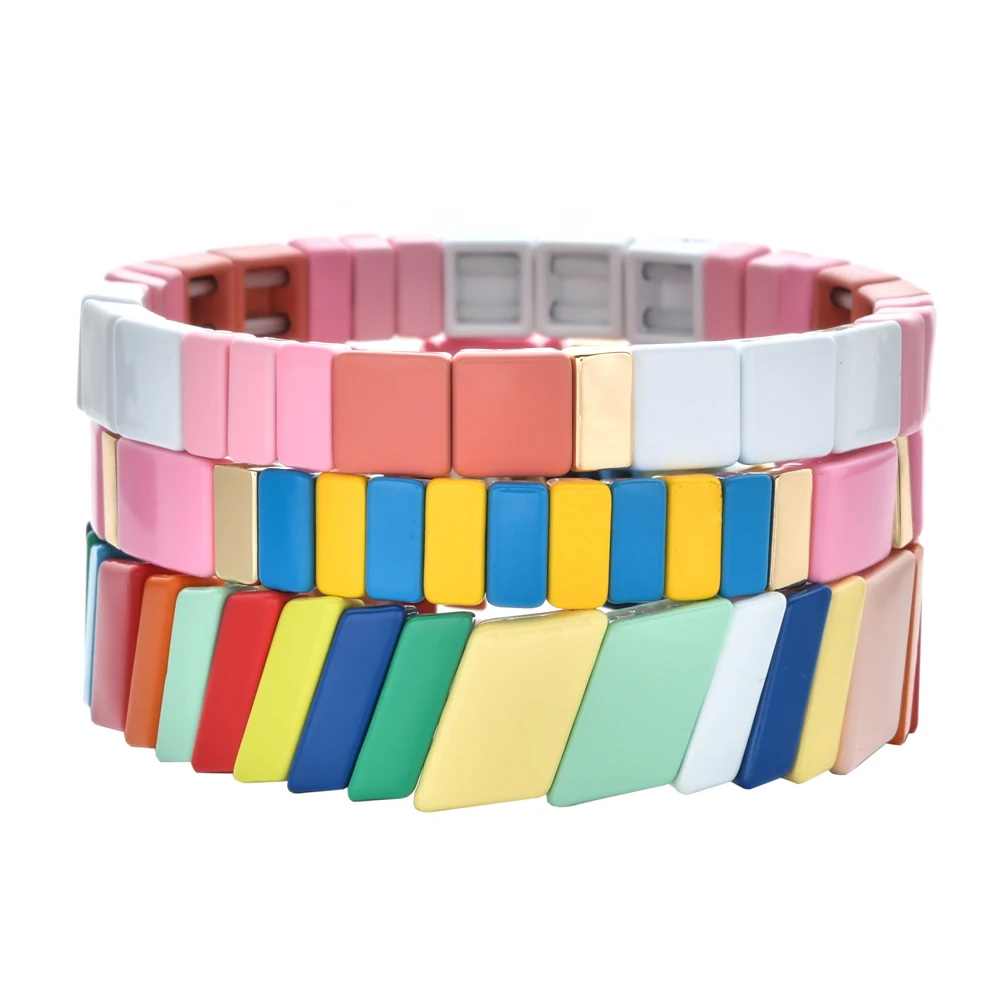 Новая мода эмаль бусины цвета радуги браслет геометрические прямоугольные яркие