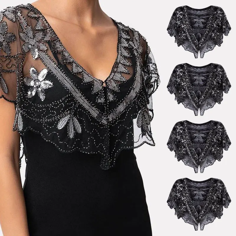 Black silver shawl Gatsby вечерние накидка, расшитая бисером винтажные 1920s шаль Короткая Свадебная обертка арт-деко Блестки из бисера вечерняя накидка Болеро флаппер накидка летняя накидка - Цвет: Black silver shawl