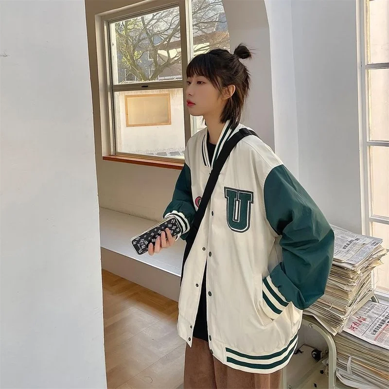 Куртка Женская бейсбольная в стиле унисекс свободная форма гонконгском ретро