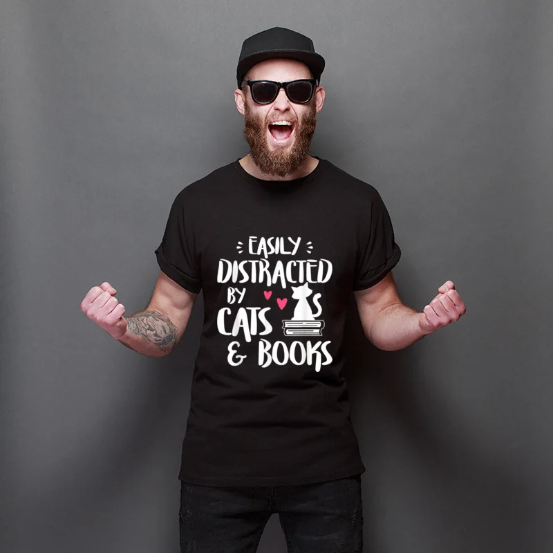 

Lovers Day Easily Distracted By Cats And Books Teenagers O-Neck Tee Shirt Funny Print Tee-Shirt Cartoon Manga Tops T Shirt
