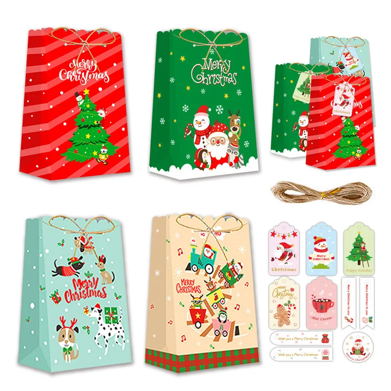

24pcs Christmas Gift Bags with Ropes Santa Claus Deer Merry Christmas Tree Candy Cookie Bags Xmas Noel Navidad Party Supplies