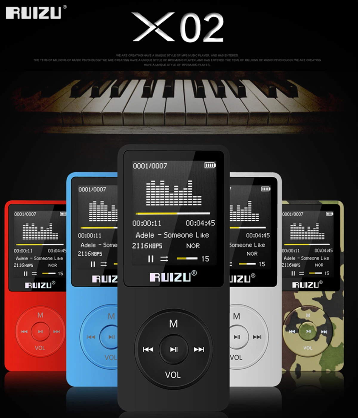 

100% original English version RUIZU X02 MP3 Player 4G/8G/16G Portable Mp3 Can Play 80 hours With FM Radio E-Book,Clock Voice Rec