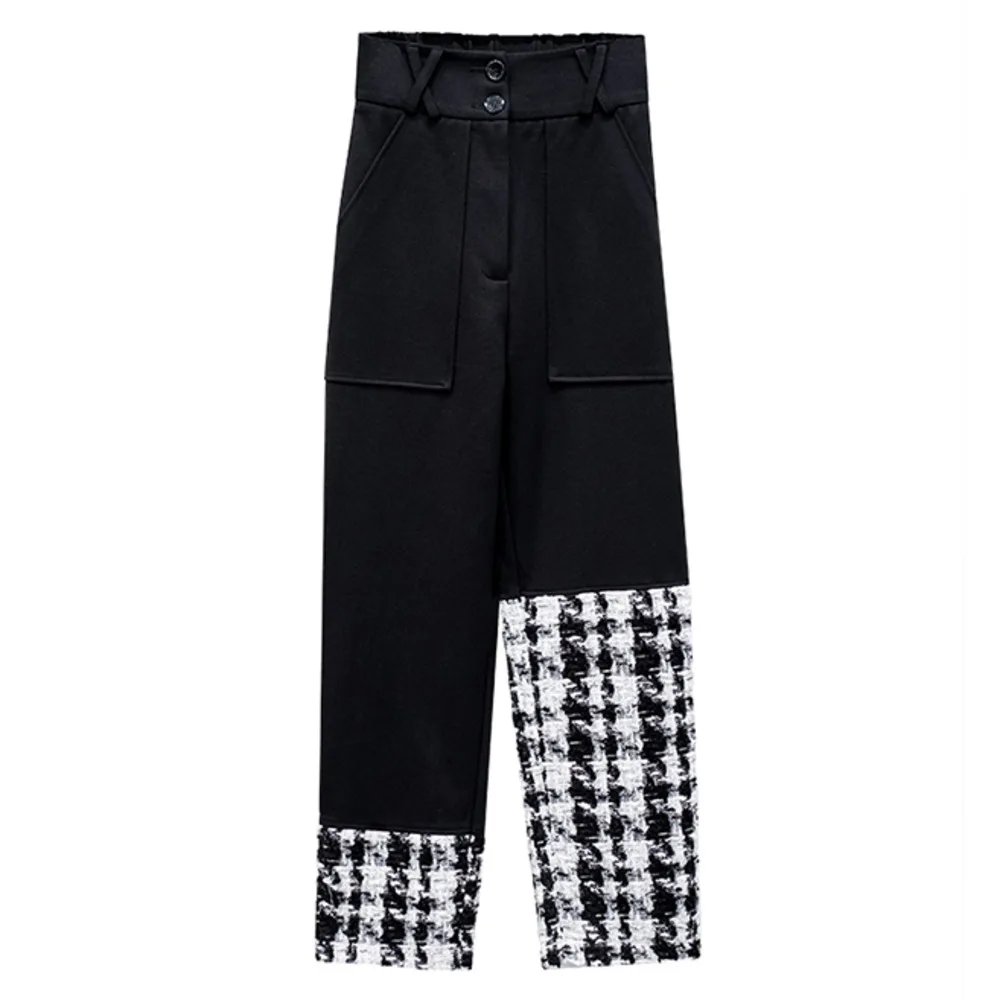 

[Aurance]Women Streetwear Black Big Pockets Plaid High Elastic Waist Trousers New Loose Fit Pants Women Fashion Tide Spring 2021