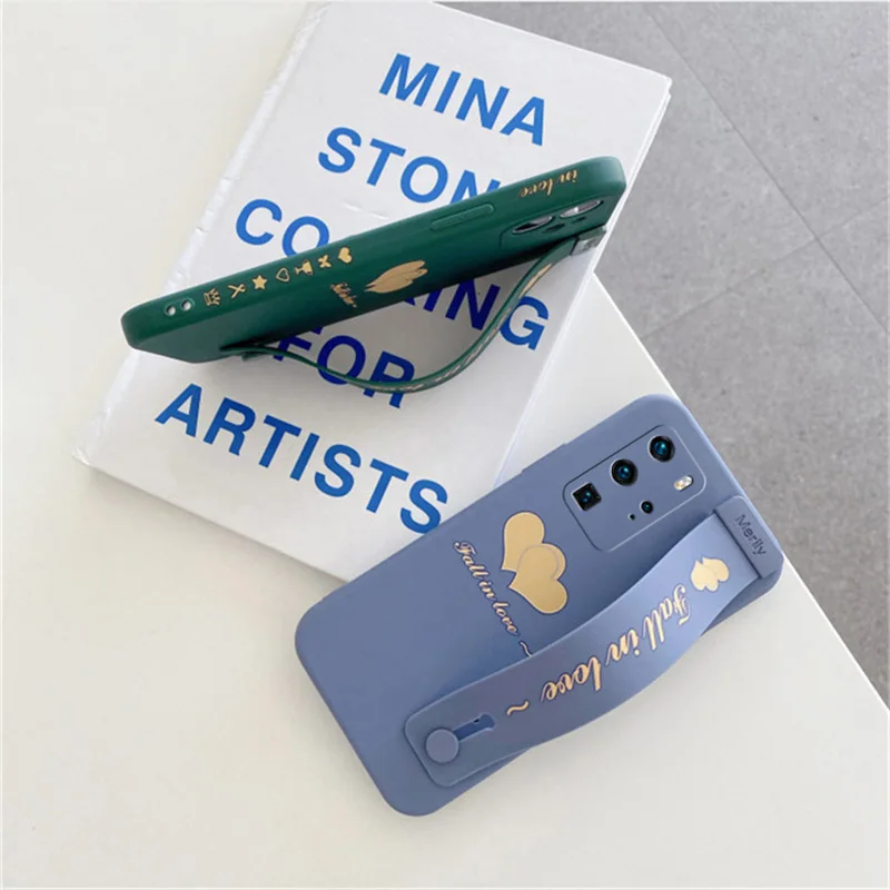 heart liquid silicone square soft wristband phone case for huawei p30 p40 lite p20 pro y9 prime 2019 y9s 5t luxury lanyard cover free global shipping