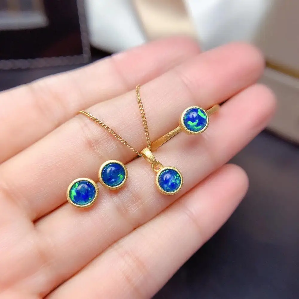 

MeiBaPJ Natural Blue Opal Gemstone Simple Earrings Ring and Necklace for Women Real 925 Sterling Silver Fine Party Jewelry Set