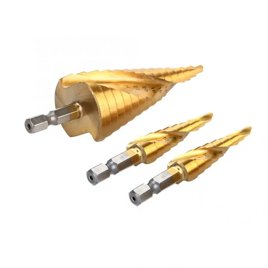 Набор сверл из быстрорежущей стали комплект 3 ступенчатых насадок с шестигранным