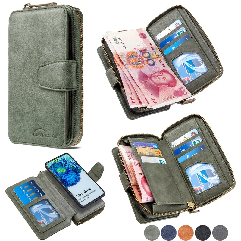 

Кожаный чехол-кошелек в стиле ретро на молнии для Samsung Galaxy S20 Ultra S10E S10 S9 Plus Note 10 Lite, Магнитный кошелек, чехол с несколькими отделениями для карт...